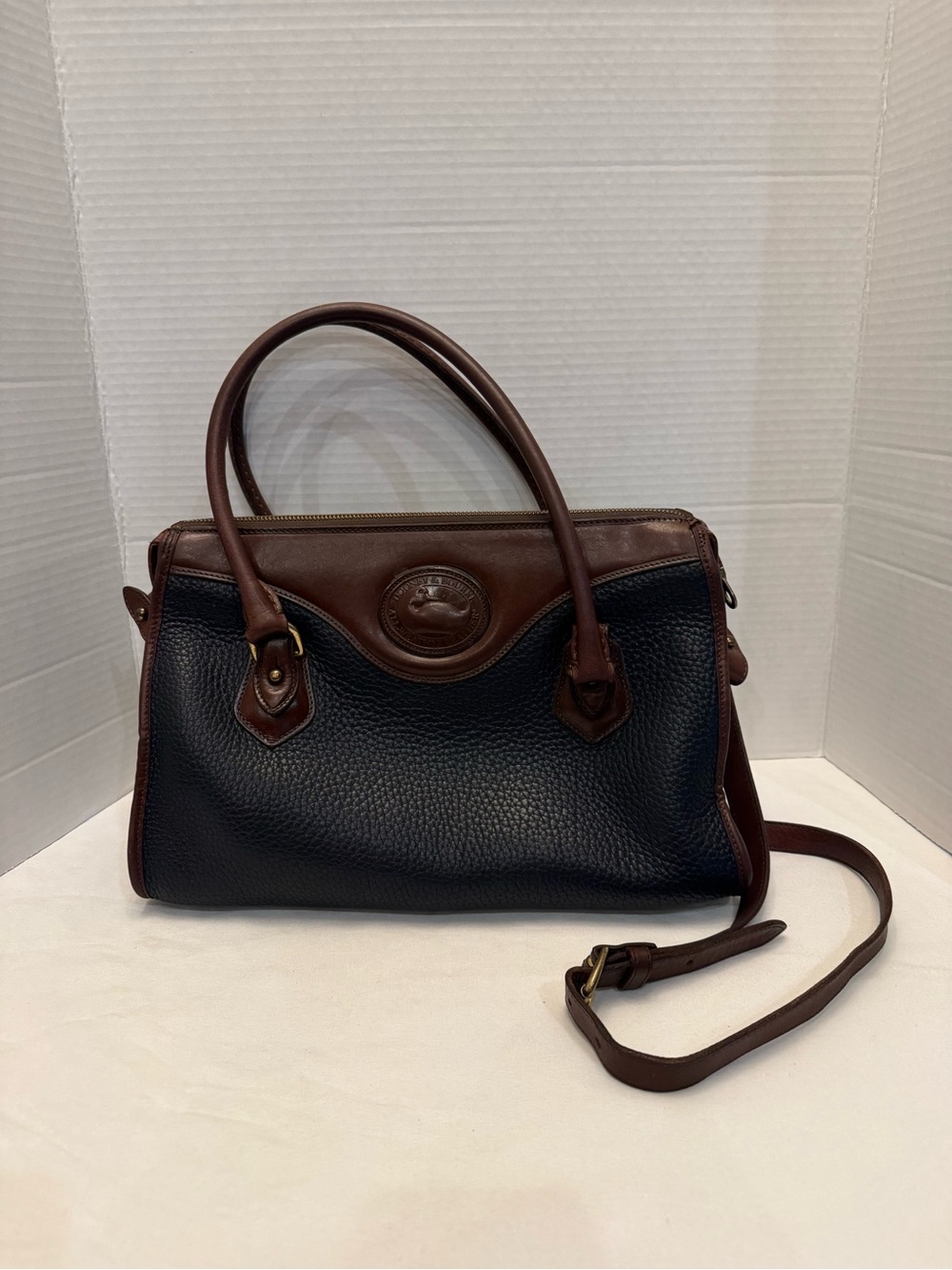 Vintage Dooney & Bourke AWL Navy Satchel Bag Made in USA Duck Fob Strap A6